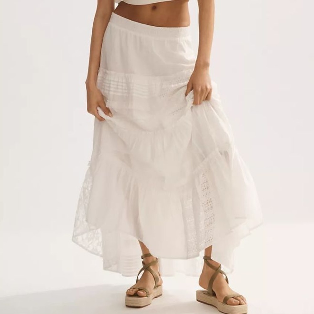 Anthropologie White Lace Tiered Maxi Skirt Boho Prairie Cottagecore X-Small